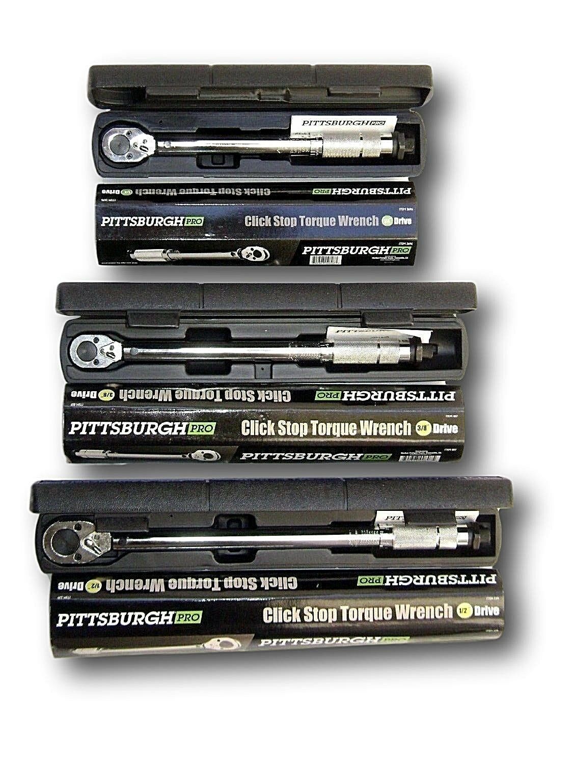 Set Of 3  Pro Reversible Click Type Torque Wrench Sizes 1/4", 3/8", 1/2"