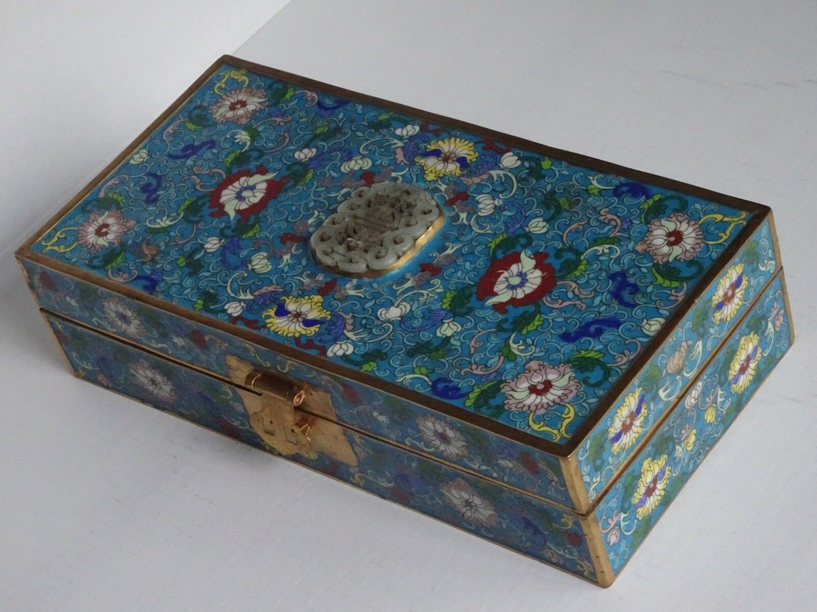 19th Century Antique Chinese Cloisonne And Carved Jade Plaque Box Lotus Petal