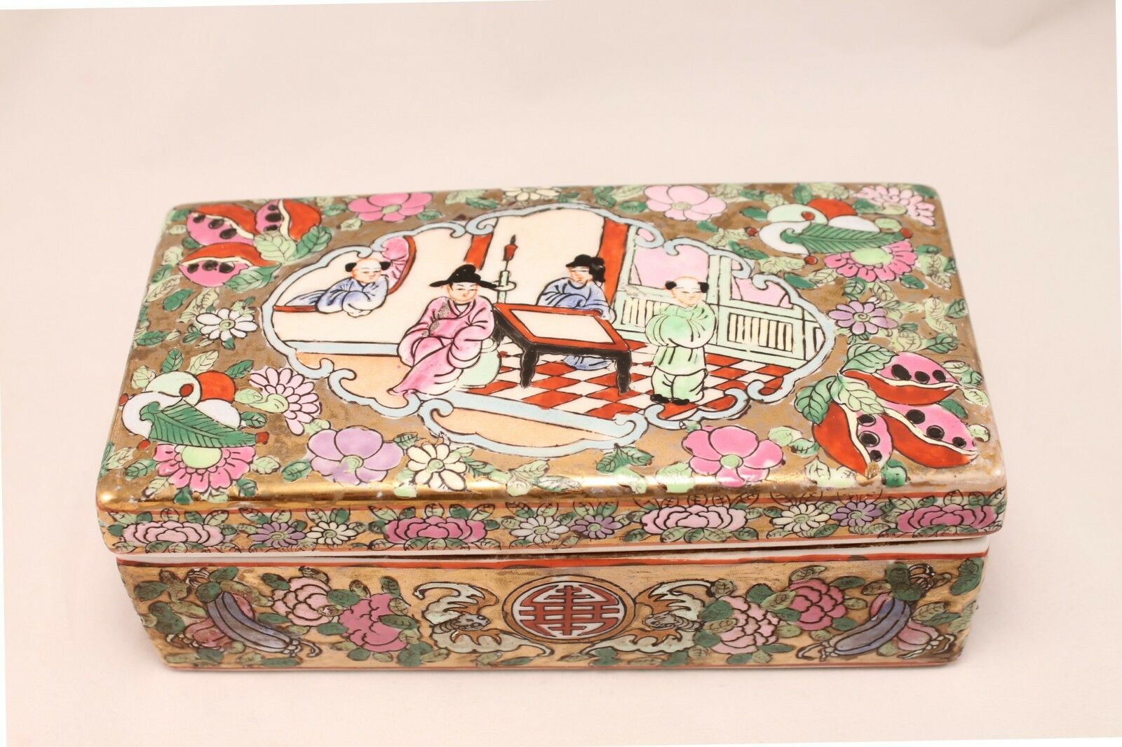 Vintage Chinese Famille Rose Porcelain Enamel Rectangular Box Jewelry Trinket